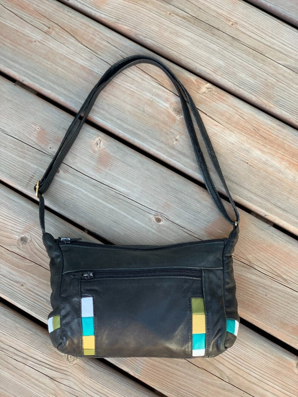 Vintage 90s Shoulder Bag Purse Black Leather Zip Patchwork 80s Retro Crossbody